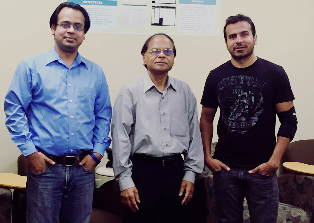 The UA Little Rock team behind IntelliNexus consists of Sachin Sharma (left), a Ph.D candidate in systems engineering, Dr. Seshadri Mohan (middle), professor of systems engineering,and Muhammad Baig Awan (right), who earned his doctorate in systems engineering in December 2016.