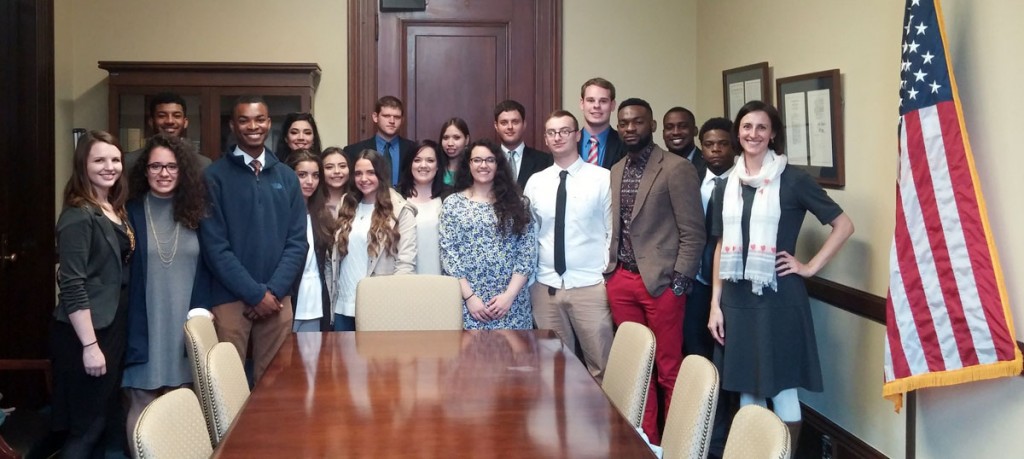 UA Little Rock students visit Sen. Tom Cotton during a trip to the National Model Arab League in Washington, D.C. Pictured (L-R) Back row: Jalen Stevenson, Vanessa Griffin, Nathan Davis, Heidi Davis, Austin Soulsby, Kevin Shatley, and Brian Gregory. Front row: Shelby Shelton, Andrea Elias, Makell Swinney, Eliza Akhoudas, Anet Rosas, Paige Topping, Emily Powell, Mariam Bouzihay, Austin Robinson, Emmanuel Onochie, Jonathan Nwosu, and Dr. Rebecca Glazier.