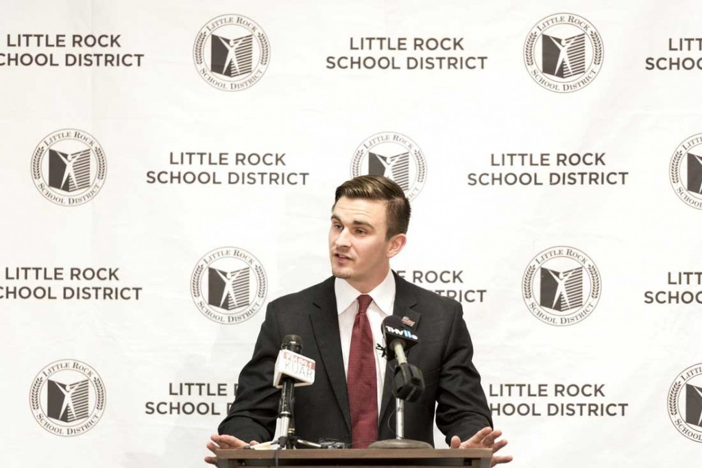 Connor Donovan relates his student experience during an announcement of a new partnership designed to benefit high school students from the Little Rock School District. Photos by Lonnie Timmons III/UA Little Rock Communications.
