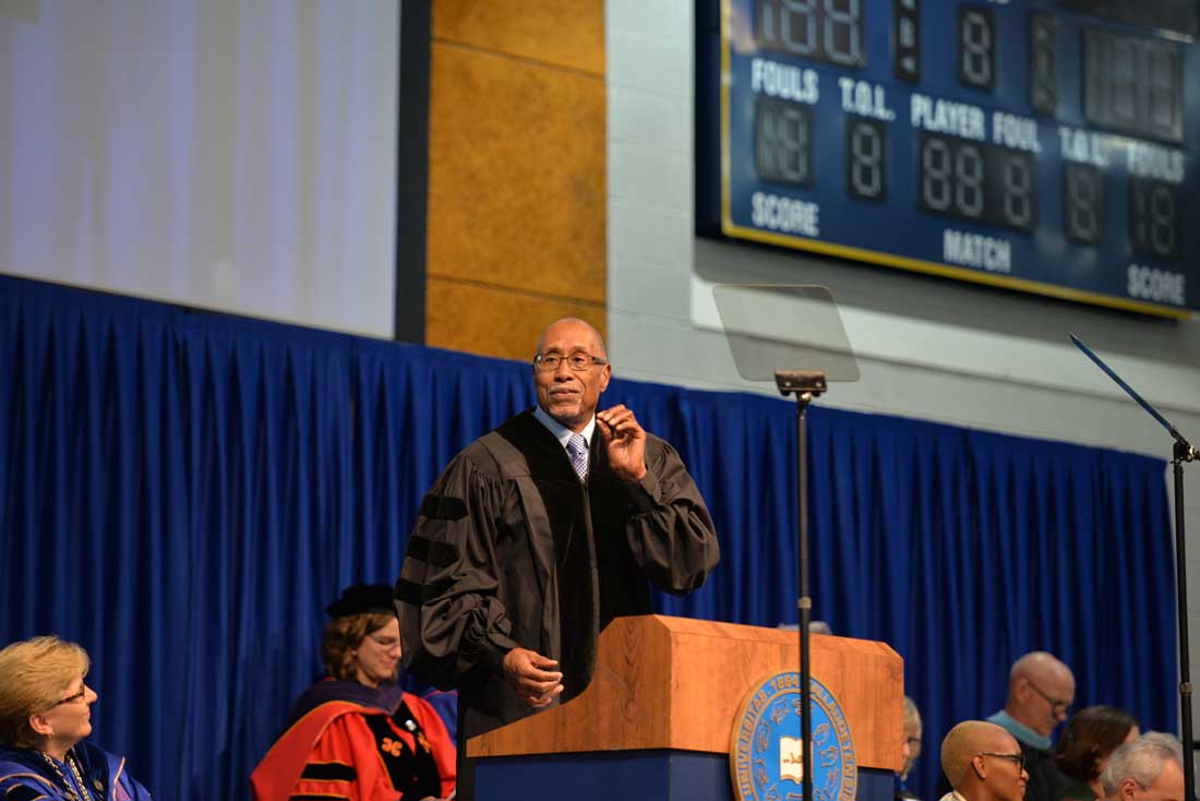 Dr. Glenn Anderson delivers the commencement address at Gallaudet University's ceremony on May 12. Photo by Zhee Chatmon of Gallaudet University.