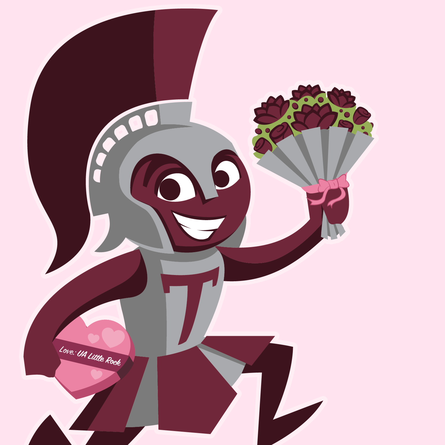 Cartoon Trojan man with flowers and chocolates.