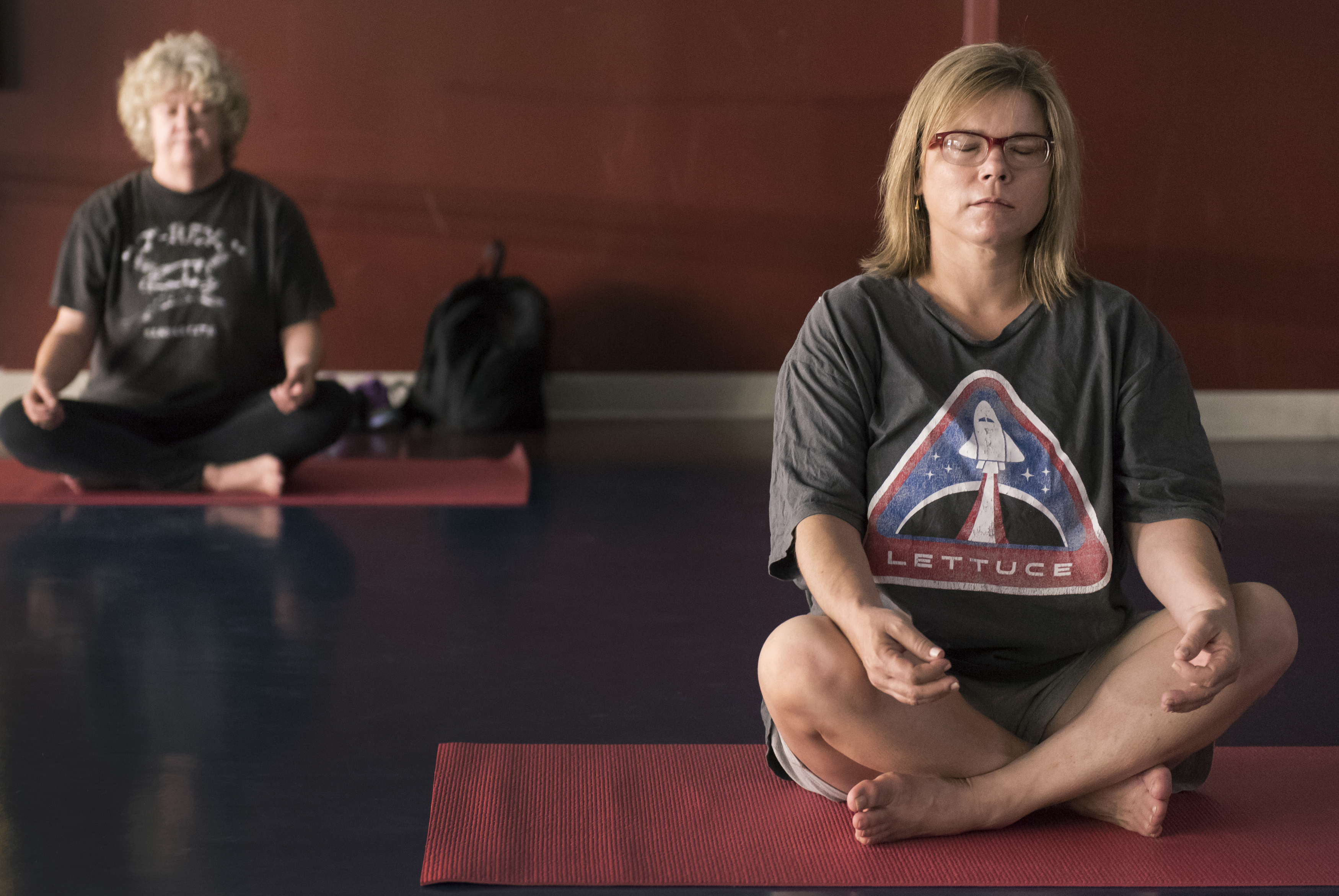 Meditation during the Restorative Yoga class at UALR's Donaghey Student Center on September 8, 2015.