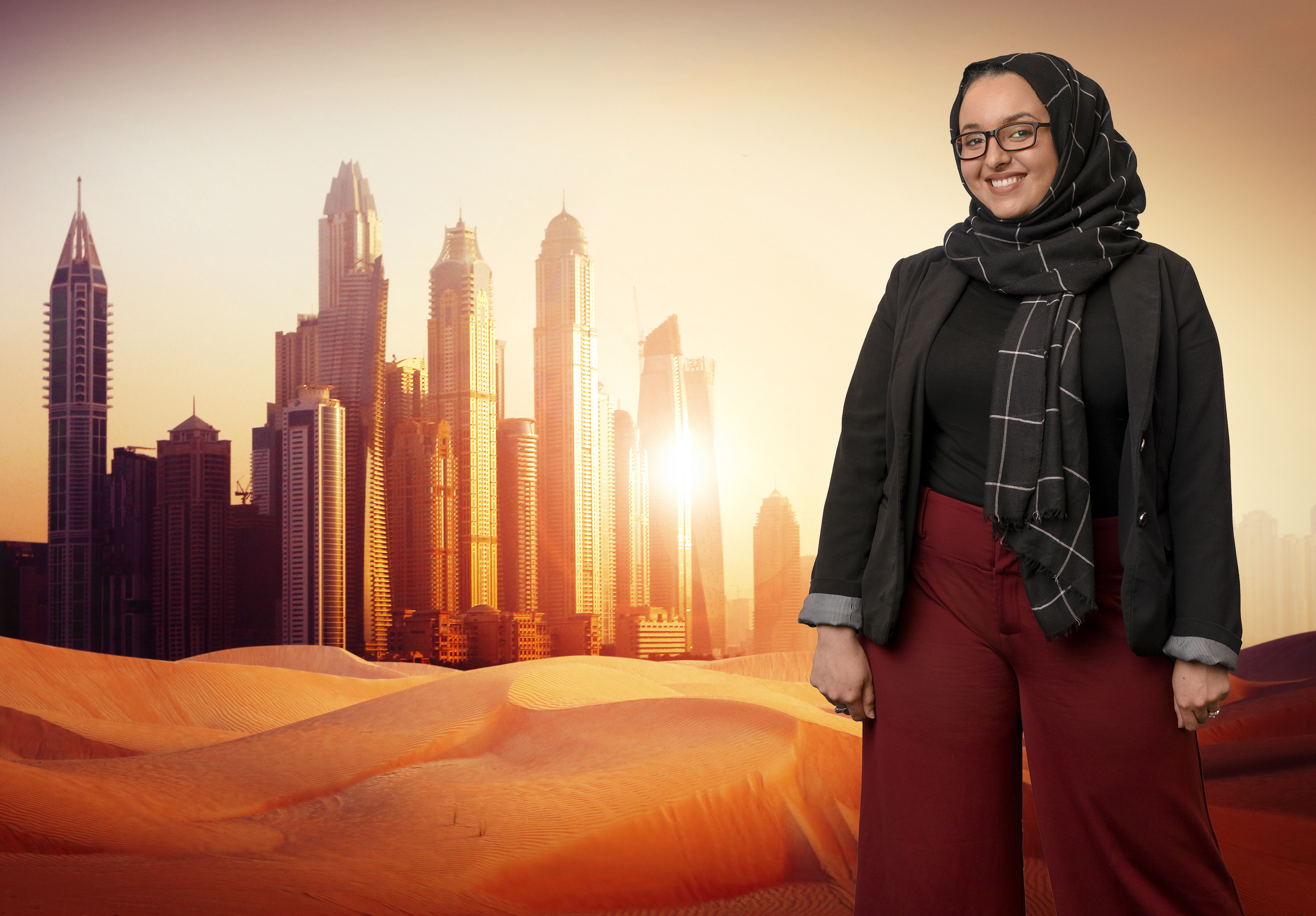 Photo composite of UA Little Rock graduate student Nora Bouzihay who studied in Dubai
