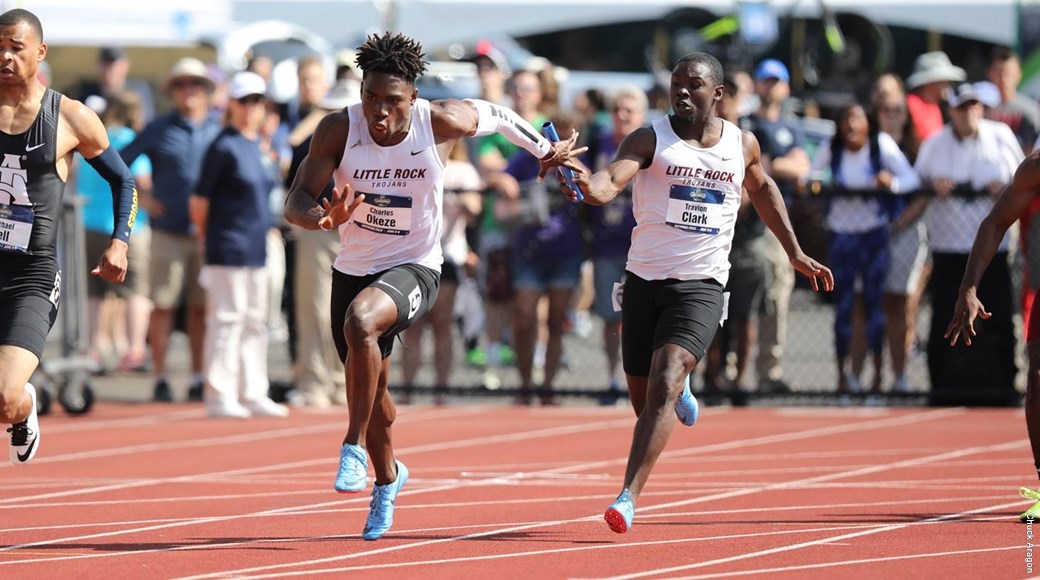 UA Little Rock student-athletes Charles Okeze and Travion Clark compete in the 2018 NCAA Outdoor Track and Field Championships at the University of Oregon.