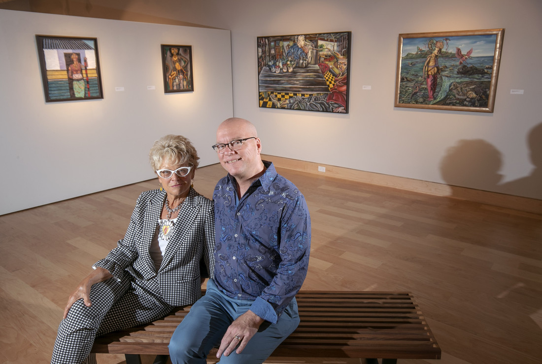 Brad Cushman visits with art collector Pierrette Van Cleve in the Windgate Center of Art and Design. Photo by Ben Krain.