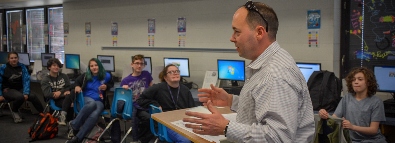 Rick Galeano, an online Ph.D. who live in South Carolina, visited with members of the Science Fiction and Fantasy Federation at Alice Drive Middle School in Sumter, South Carolina, on Feb. 1.