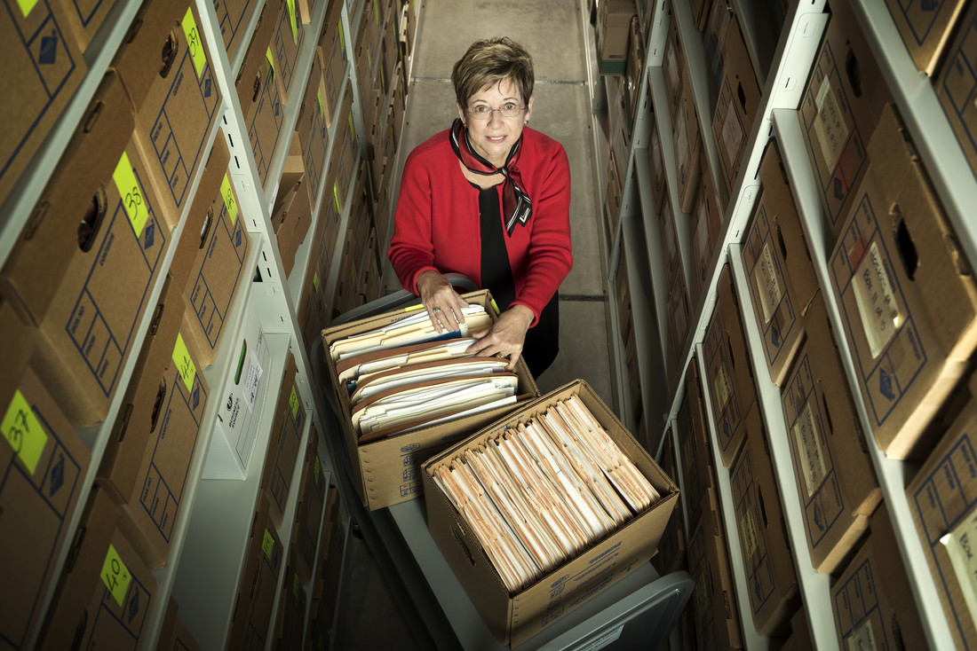 Deborah Baldwin with archive of Vic Snyder's 700 boxes of papers at the Center for Arkansas History and Culture in downtown Little Rock.