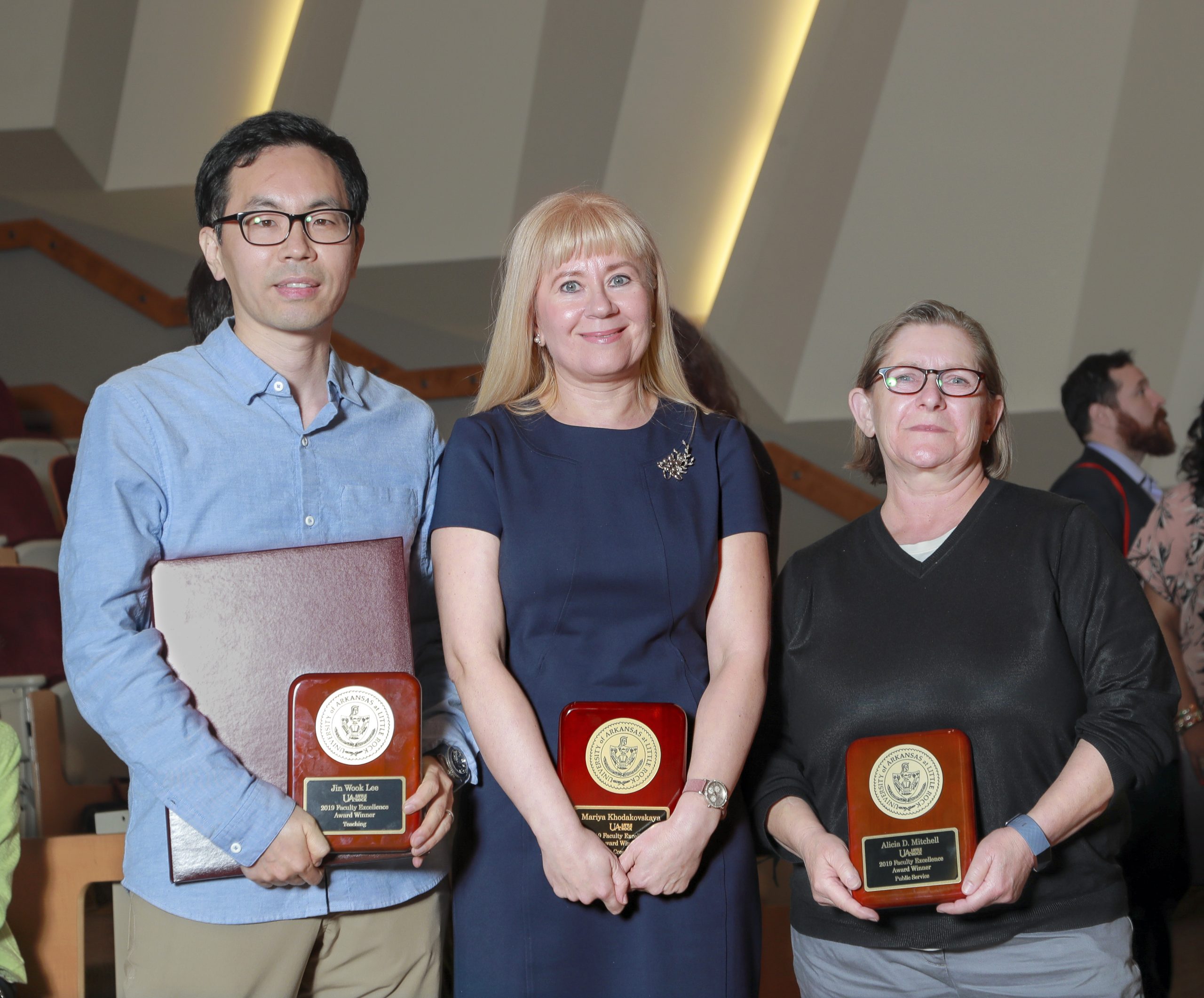 The top 2019 Faculty Excellence winners in each category are from left, Jin Wook Lee, for Teaching, Mariya Khodakovskaya, for Research and Creative Endeavors, and Alicia Mitchell, for Public Service. Photo by Benjamin Krain.
