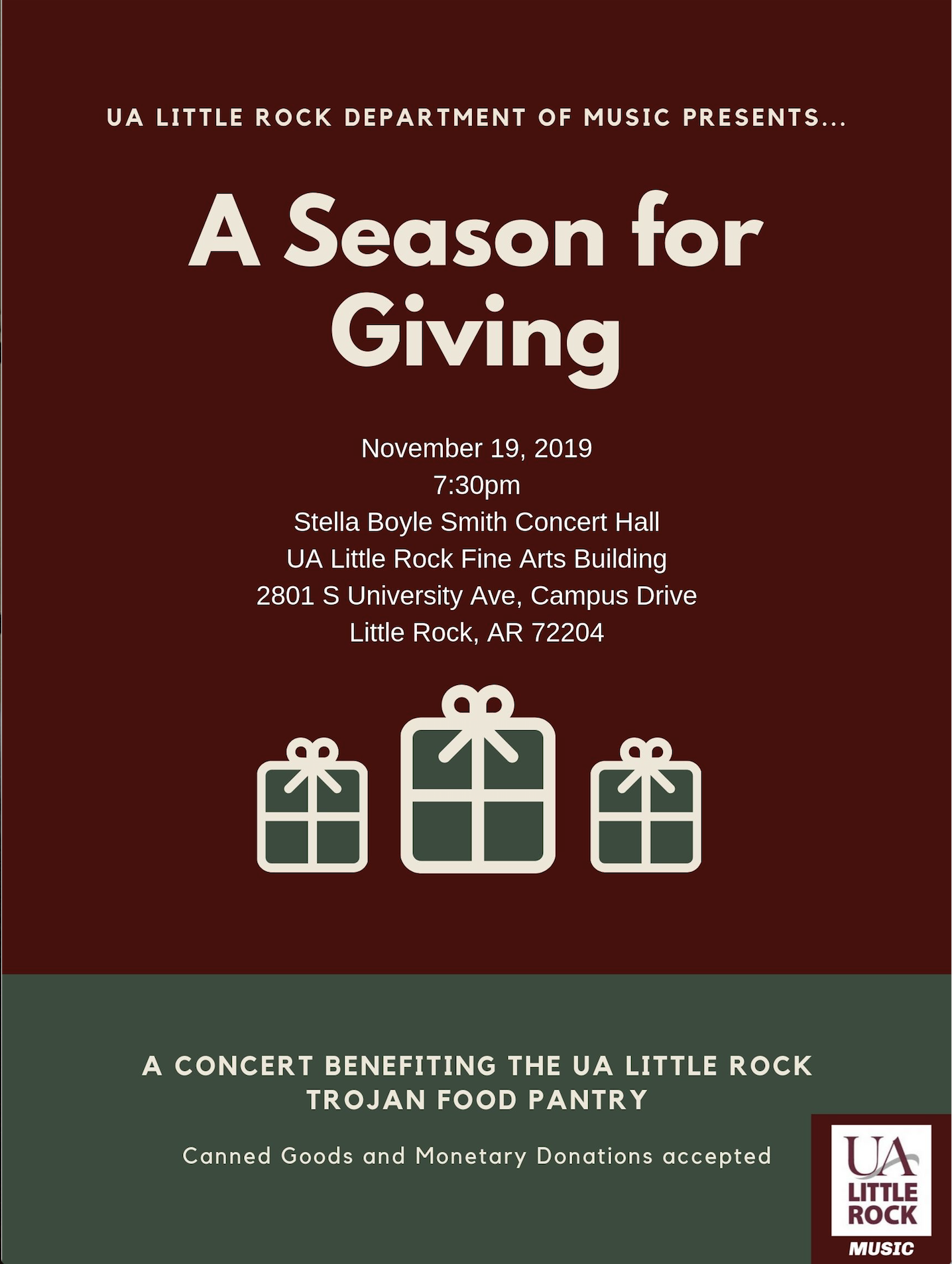 The University of Arkansas at Little Rock Department of Music will present a benefit concert for the Trojan Food Pantry at 7:30 p.m. Tuesday, Nov. 19, in the Stella Boyle Smith Concert Hall in the Fine Arts Building. Canned goods and monetary donations will be accepted. The free event is open to the public.