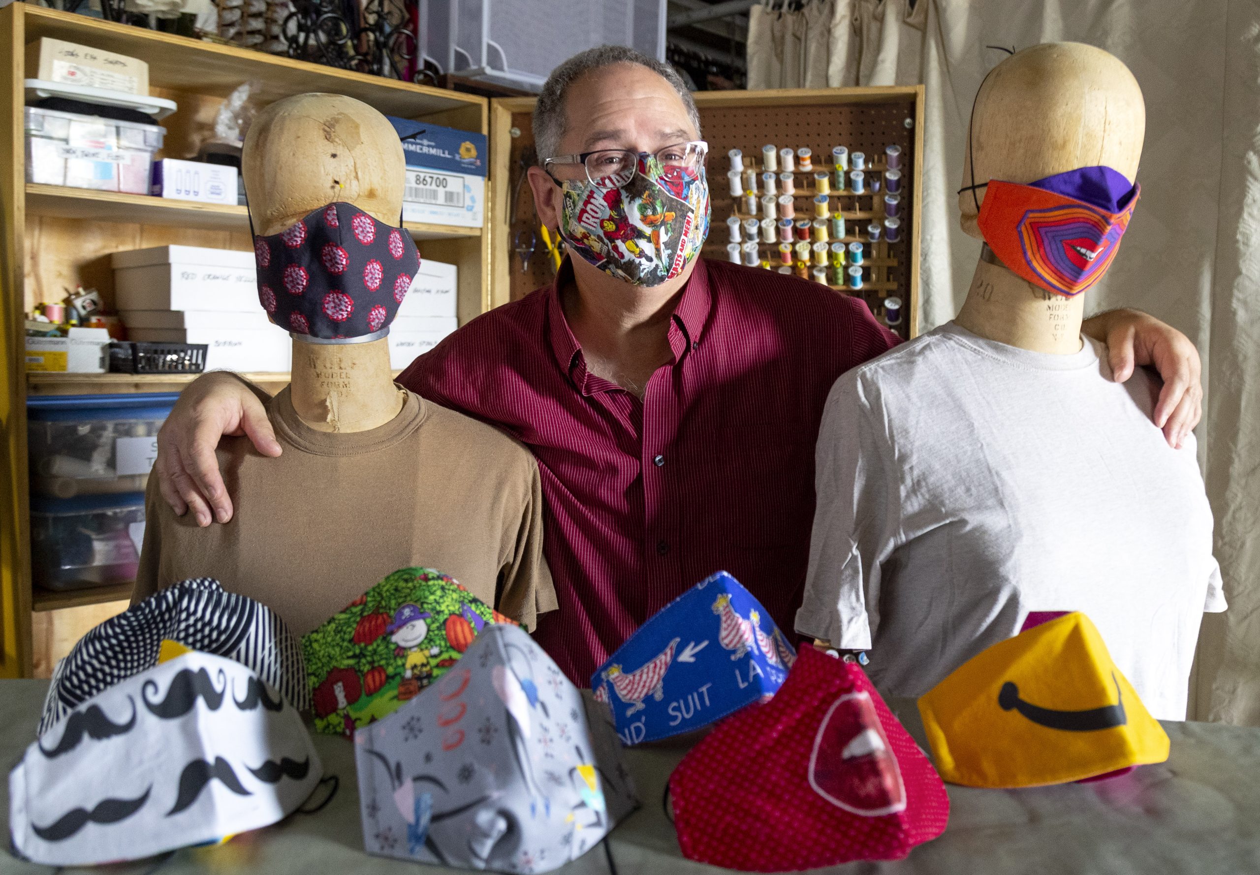 Don Bolinger, UA Little Rock Theater Arts Department Costume Shop Manager, made hundreds of face masks of various prints and patterns to protect students from CoVid 19 when they return to campus.