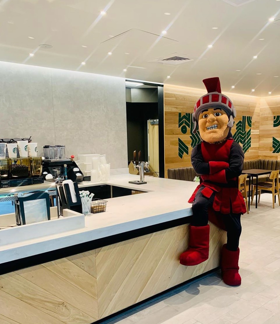 UA Little Rock's mascot checks out the new Starbucks.