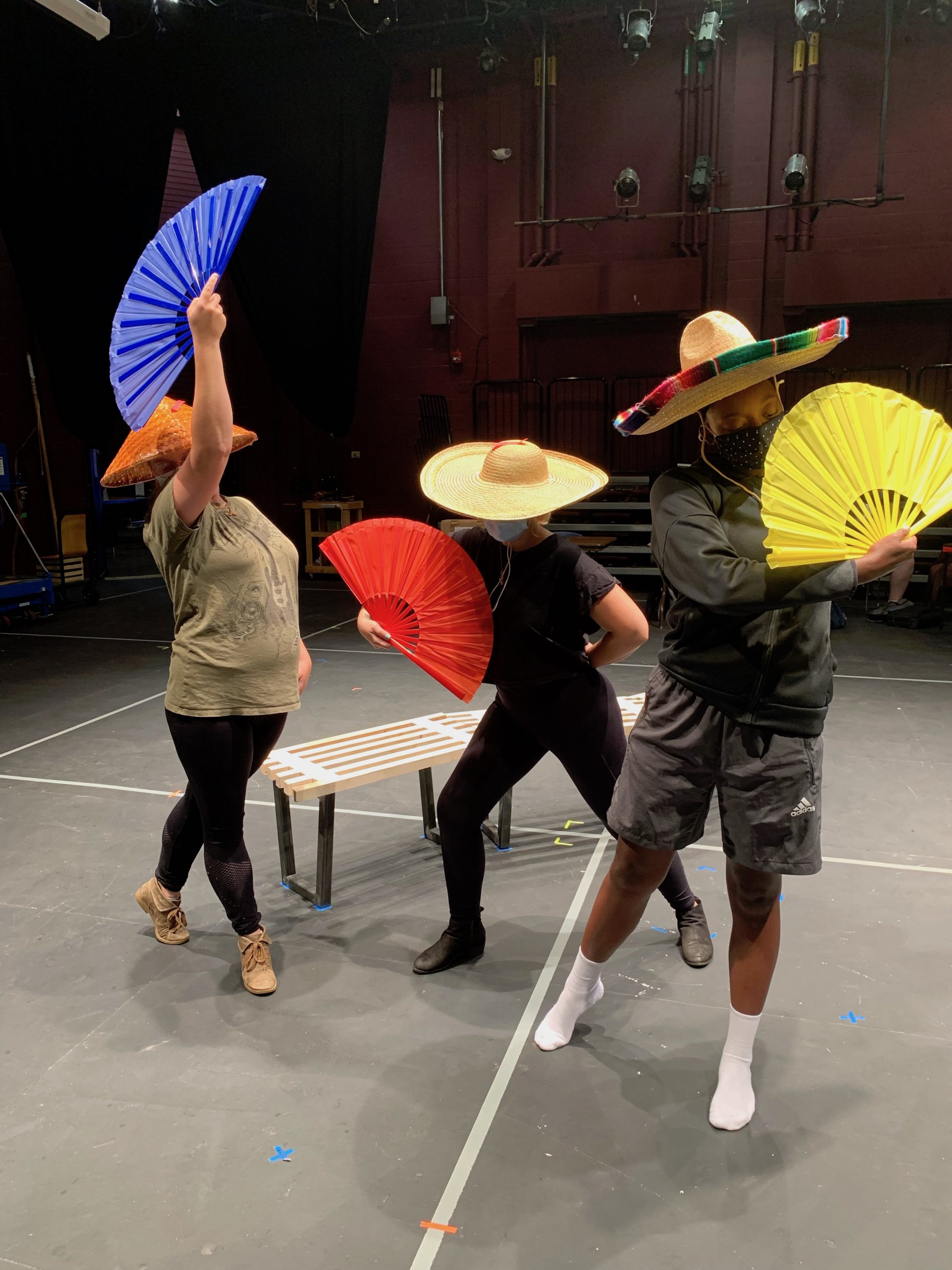 Student performers Margo Gifford, Trystan Benson, and Essence Simon'e rehearse "Come and Go" in the Center for Performing Arts at UA Little Rock.