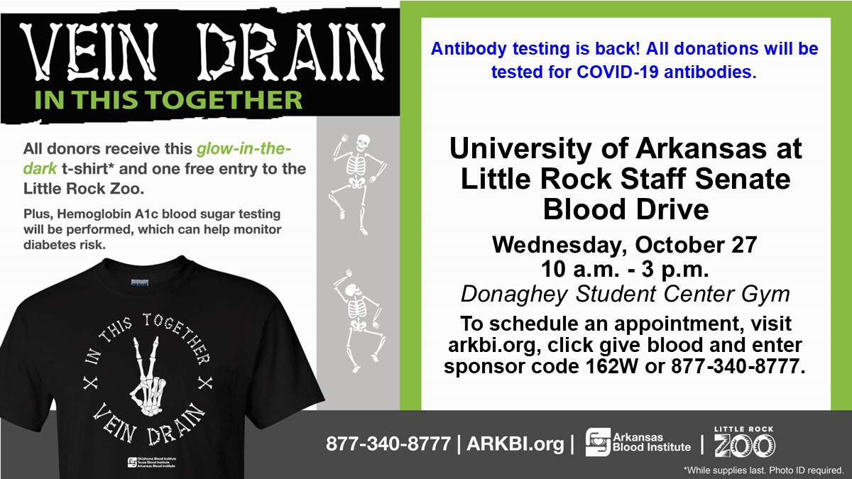 The UA Little Rock Staff Senate will hold a Halloween-themed blood drive on Oct. 27.