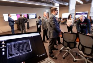 UA Little Rock students demonstrate the universitys cloud-based cybersecurity lab, the Cyber Arena. Photo by Ben Krain. 