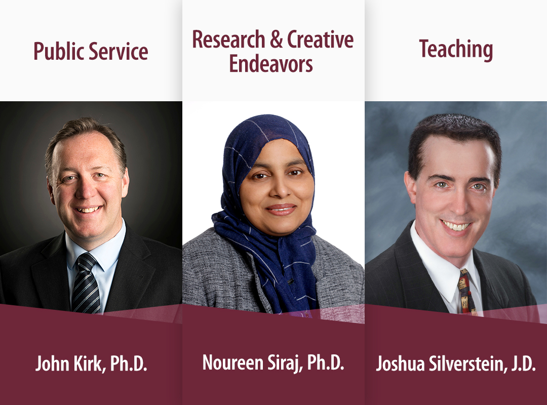 The 2022 Faculty Excellence winners are John Kirk, Noureen Siraj, and Joshua Silverstein.