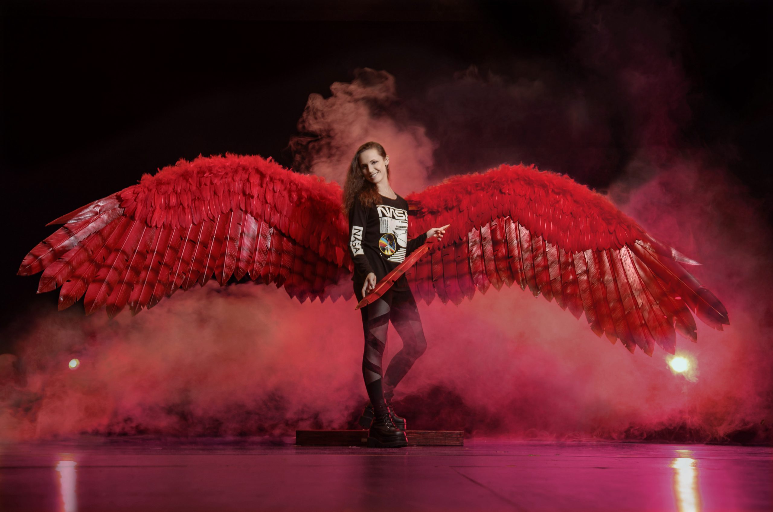 Meaghan Herbold, a senior physics major, constructed these massive 14-foot-long red wings made of poplar wood, bamboo, faux fur, and goose feathers for her project “Applied Physics for the Design and Construction of Articulated, Electronic Wings.”