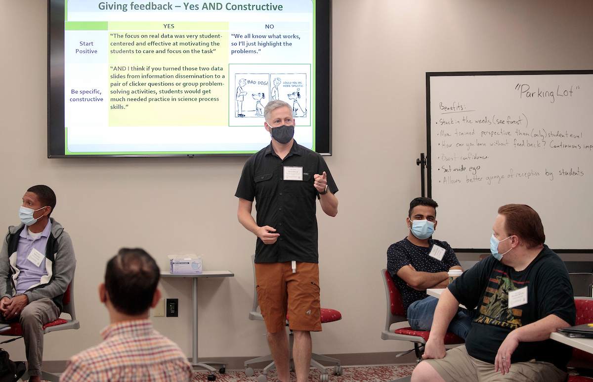 Mark Baillie, from the UA Little Rock STEM Education Center, leads UA Little Rock teaching assistants and professors in the Mobile Institute on Scientific Teaching workshop.