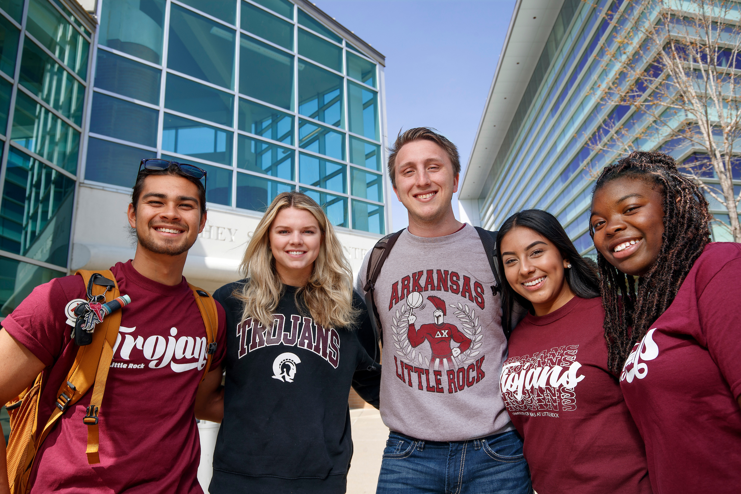 UA Little Rock students gather in front of the Student Services Center.