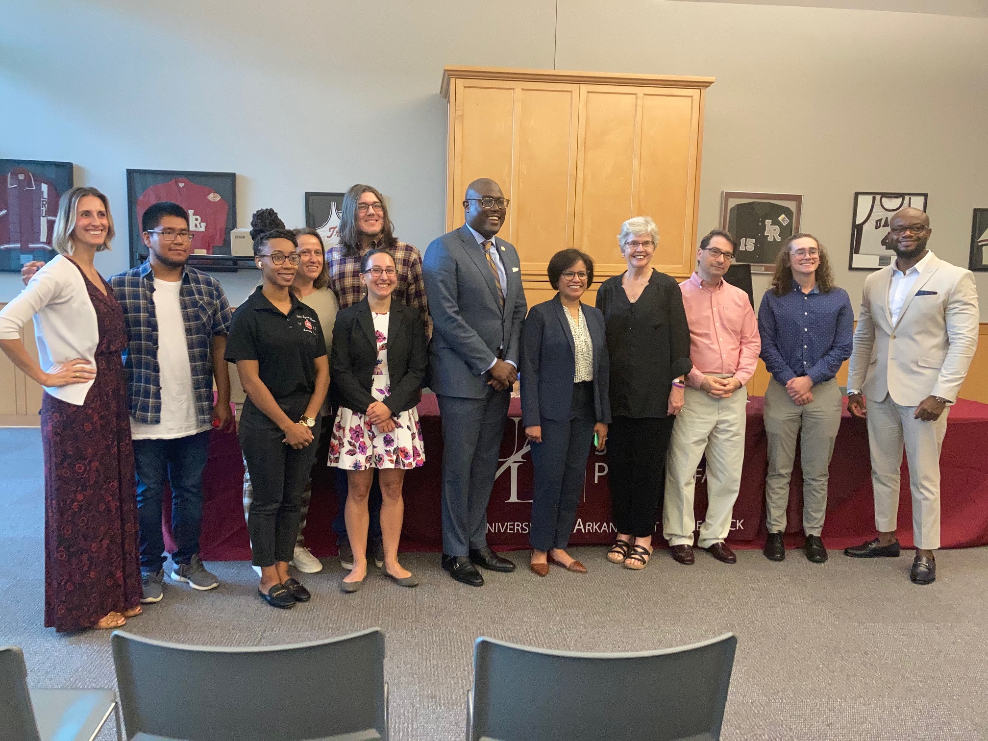 UA Little Rock alumni Mayor Frank Scott Jr., Dr. Sara Tariq, and the Hon. Annabelle Imber Tuck gathered in the Jack Stephens Center to participate in a Sept. 1 "Together Little Rock" panel with UA Little Rock students who studied abroad in Spain over the summer. Photo by Angie Faller.