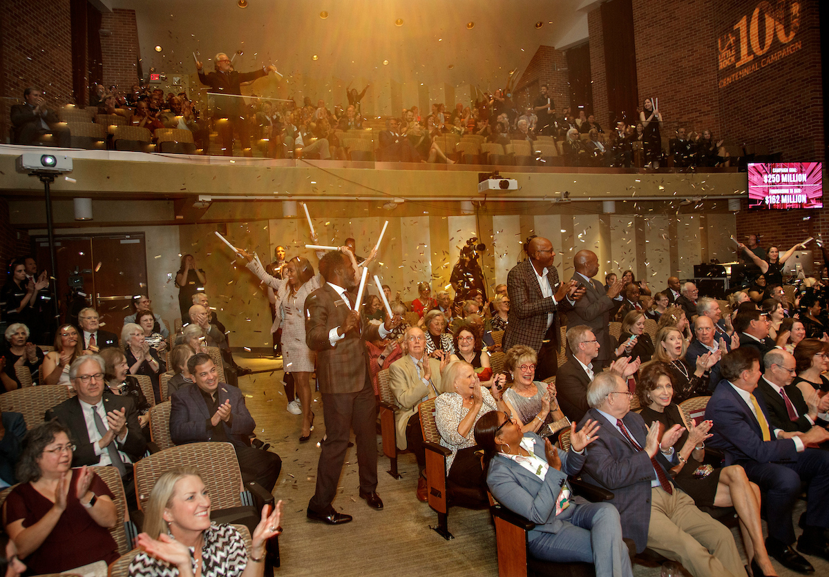 Guests of the UA Little Rock Centennial Campaign kickoff gala celebrate the announcement that $162 million has already been raised toward the campaign goal of $250 million. Photo by Ben Krain.