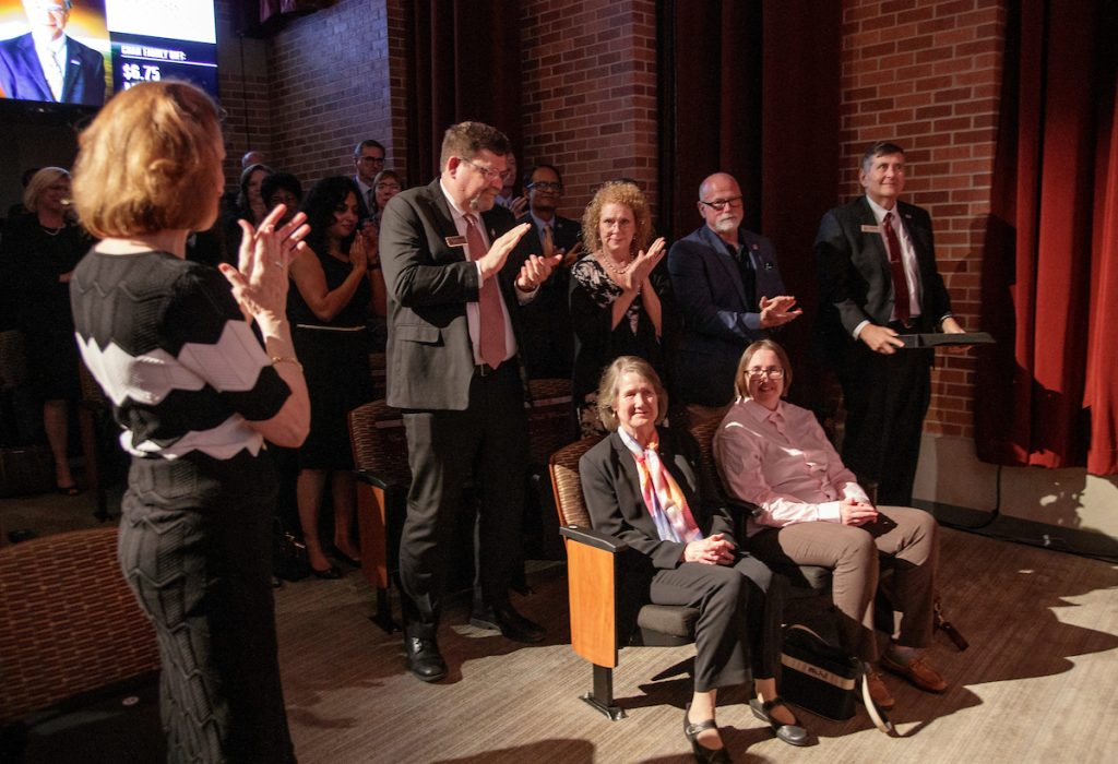 Susan Chan and Alex Johnson, wife and niece of the late Dr. Yupo Chan, are honored by the UA Little Rock Centennial Campaign Kickoff Reception for their $6.75 million gift to benefit the School of Engineering and Engineering Technology. Photo by Ben Krain.