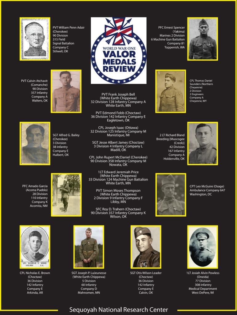 This flyer shows the Native American soldiers who served during World War I that qualify for the Valor Medals Review.