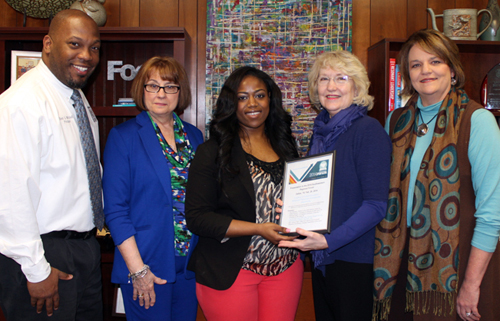 Brent Mitchell, Fuller Middle School Principal; Rebecca Rogers, UALR AP Institute Coordinator; Chardonnay Cisero, first year PCSSD teacher; Ann Robinson, Director, UALR Jodie Mahony Center; Laura Bednar, Assistant Superintendent, PCSSD.