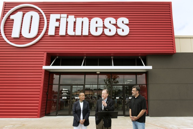 UALR Chancellor Joel Anderson speaks during the ribbon cutting ceremony at the new 10Fitness facility in the University District.