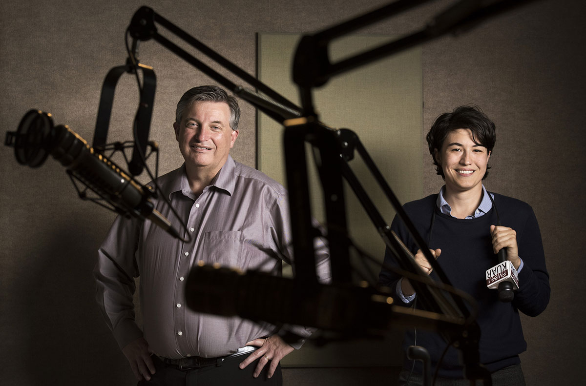Ben Fry, KUAR general manager, and Sarah Whites-Koditschek, reporter/anchor for radio station KUAR pose in the studio