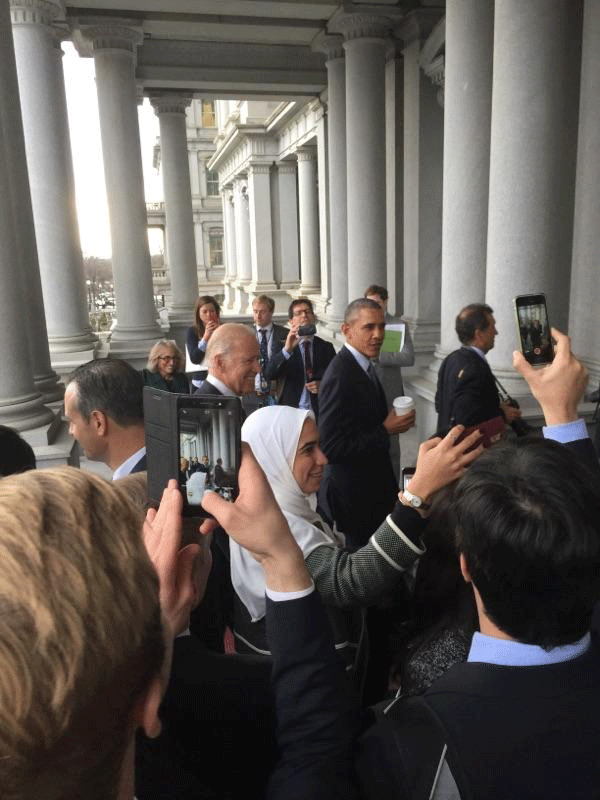 President Barack Obama and Vice President Joe Biden greet a University of Arkansas at Little Rock team competing in the Facebook Global Digital Challenge in Washington, D.C.