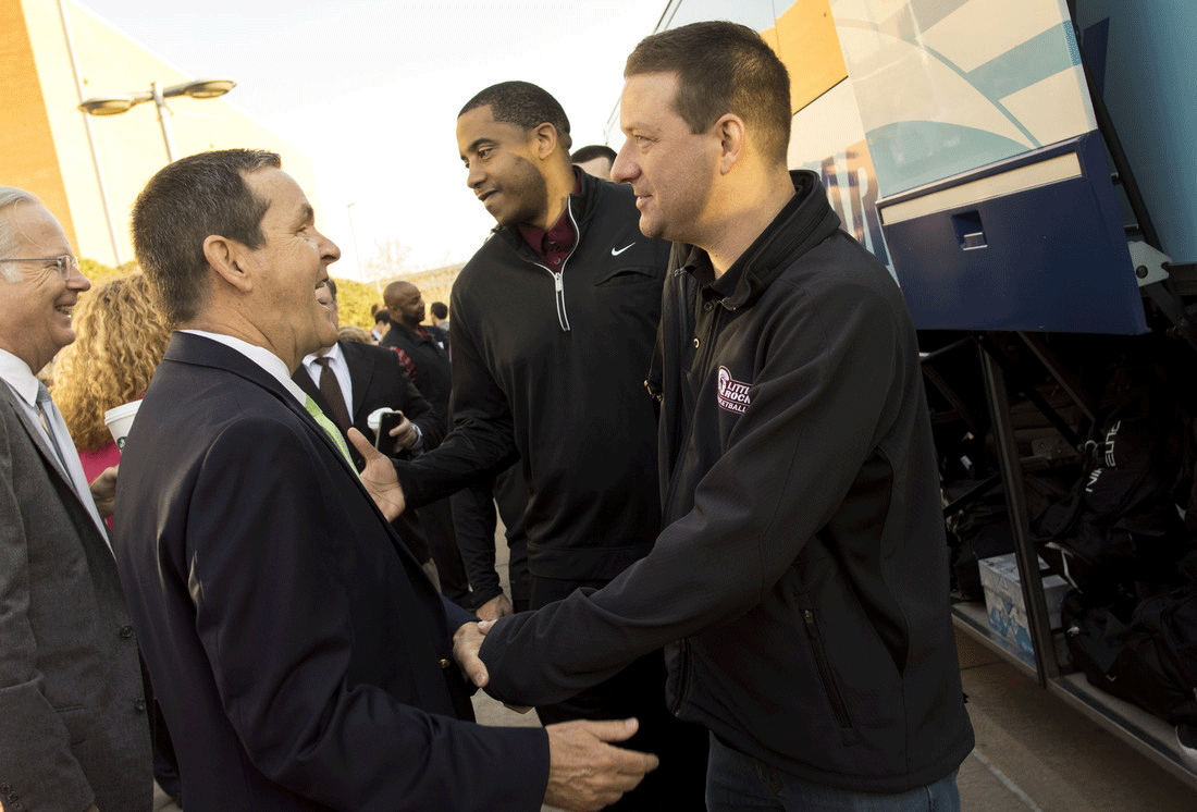 Little Rock Trojans men's basketball team supporters send-off the team before they head to Denver for its NCAA Tournament game with the Purdue Boilermakers at the Jack Stephens Center on March15, 2016.