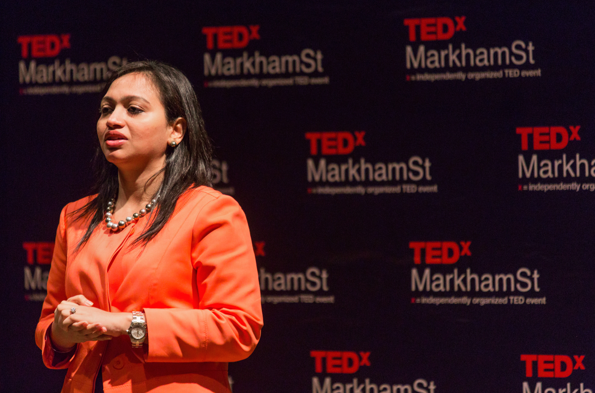 Student Rupa Dash presents at the TedxMarkhamSt Student Competition.