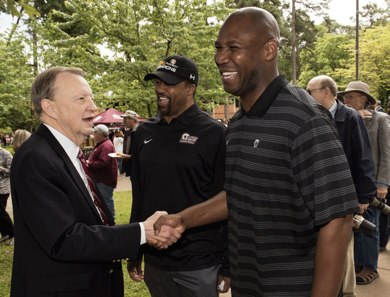 Chancellor Joel E. Anderson greets well wishers at his May 3 retirement reception at Cooper Fountain.