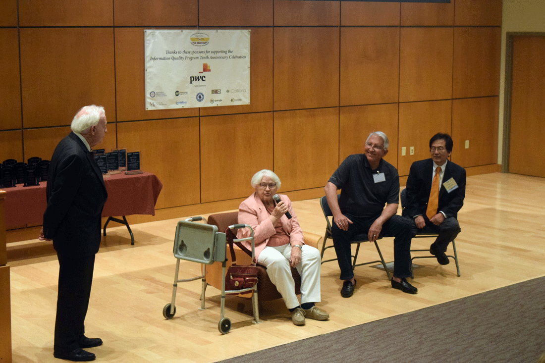 John Talburt, left, introduces the members of the Information Quality Graduate Program Founder's Panel, including Dr. Mary Good, Charles Morgan, and Dr. Richard Wang.