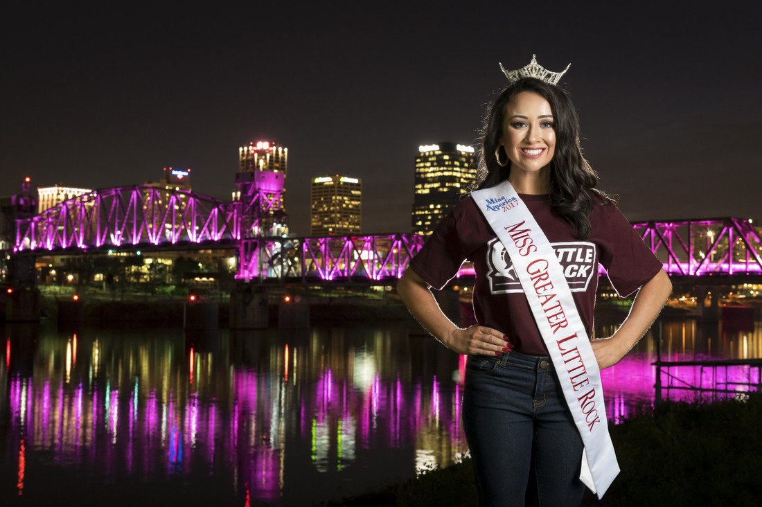 Brooke Cornelius, Miss Greater Little Rock, is an advocate for anti-bullying. She poses on the Junction Bridge with her UA Little Rock gear showing her school spirit.