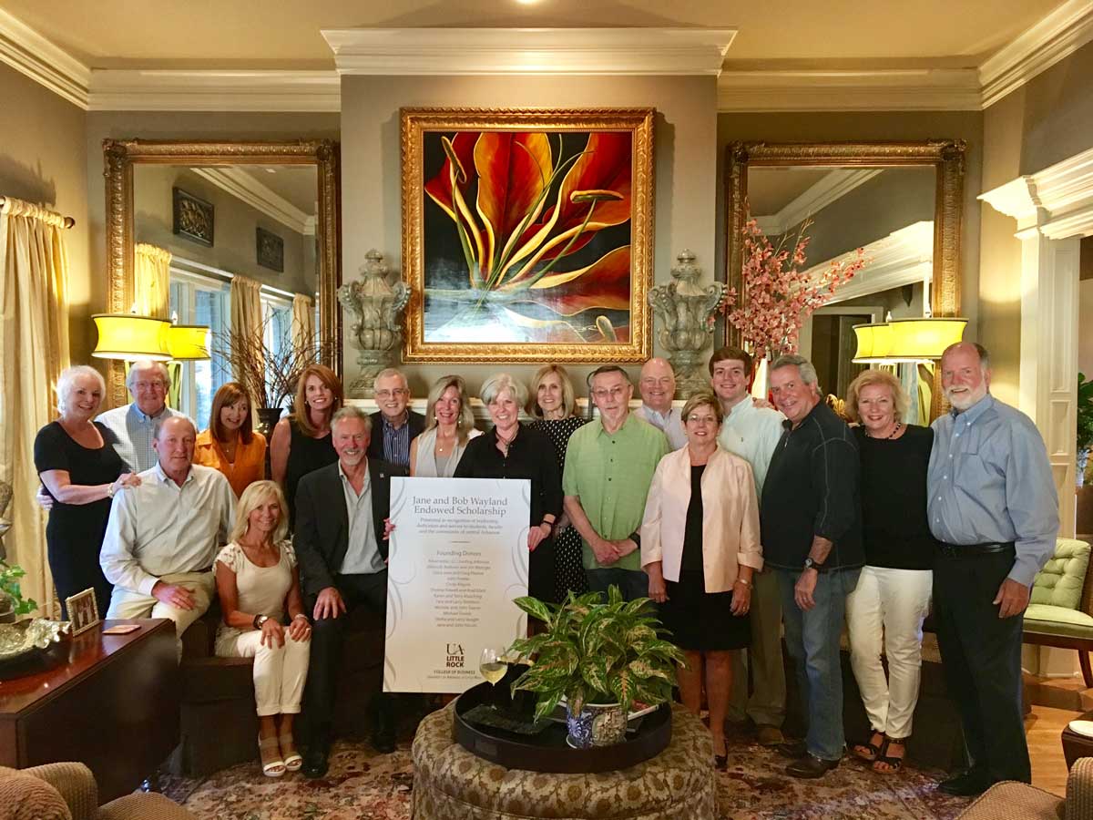 Founding donors and UA Little Rock officials celebrate the launch of the Jane and Bob Wayland Endowed Scholarship Fund at UA Little Rock. Pictured, from left to right, back row: Tara Stebbins, Larry Stebbins, Karen Masching, Michelle Towne, Larry Vaught, Janessa Rogerson, Shelia Vaught, John Towne, Michael Towne, Terry Masching, Cindy Kilgore, and John Fowler. Front row: John Yocum, Jane Yocum, Andrew Rogerson, Jane Wayland, Robert Wayland, and Deborah Baldwin