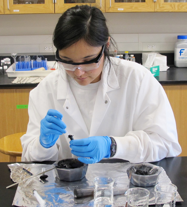 Celeste Gibson, a summer intern at the Center for Integrative Nanotechnology Sciences, prepares scaffold materials.