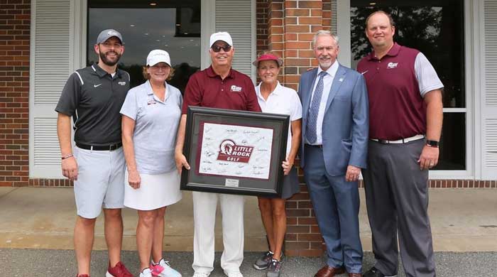 An anonymous donor gifted UA Little Rock with $25,000 to start and endowed scholarship for golf students in honor of Dan and Patty Snider. Pictured, from left to right, are Director of Athletics Chasse Conque, Women’s Golf Coach Bridgett Norwood, Dan Snider, Patty Snider, Chancellor Andrew Rogerson, and Men’s Golf Coach Jake Harrington.