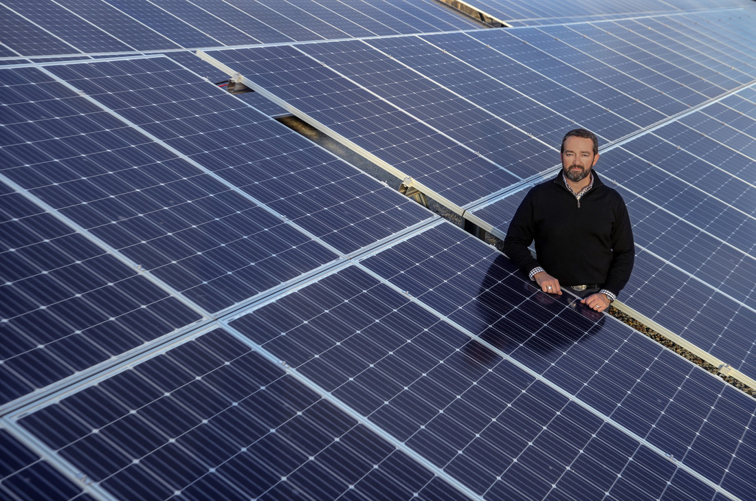Bowen Law School graduate Courtney Little, owner, president, and general counsel of ACE Glass in Little Rock, stands in a two-acre solar array that supplies power to the business. Photo of Ben Krain.