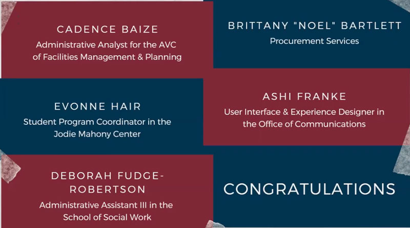 The University of Arkansas at Little Rock Staff Senate has awarded $250 scholarships to five staff members who are pursuing their education and careers at UA Little Rock. 