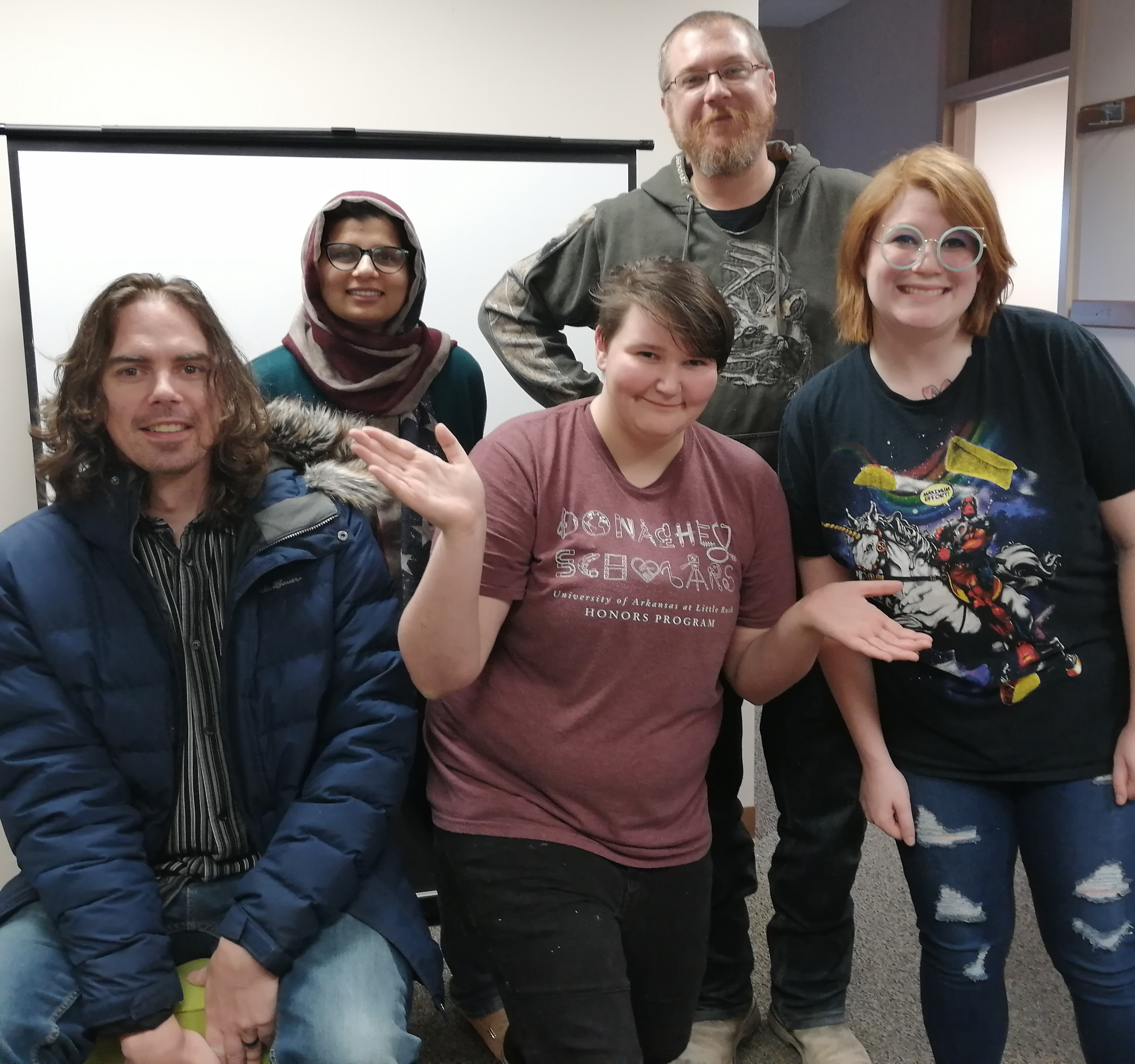 UA Little Rock students participate in Global Game Jam 2020 at the UA Little Rock CRUX Lab. Pictured left to right are Zach Bolt, Bushra Sajid, Emily Hillyard, Travis Bailey, and Loren Snow.