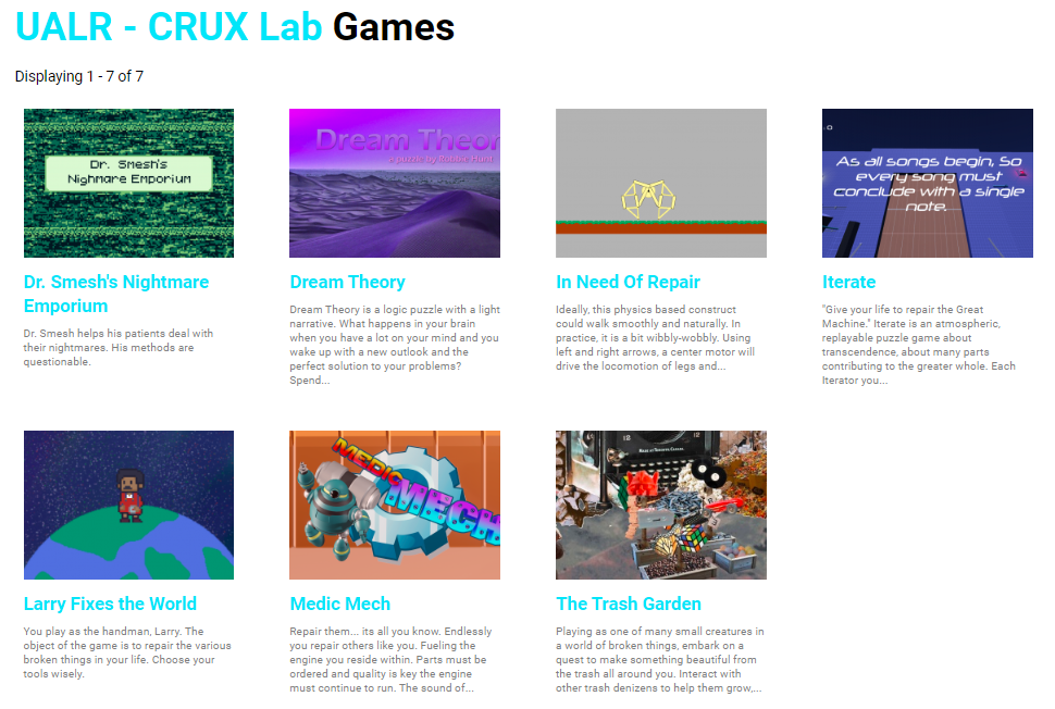 Screenshot of seven games (thumbnail images with brief game description) created at the UA Little Rock CRUX Lab during Global Game Jam 2020