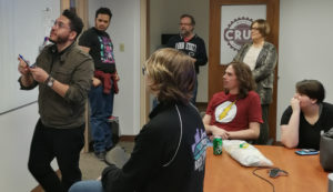 Global Game Jam 2020 participants write their skills on a whiteboard to form teams. Pictured left to right are Robbie Hunt, Kyle Hooks, Olivia Dunlap, Dr. Joe Williams, Zach Bolt, Dr. Joyce Carter, and Emily Hillyard.