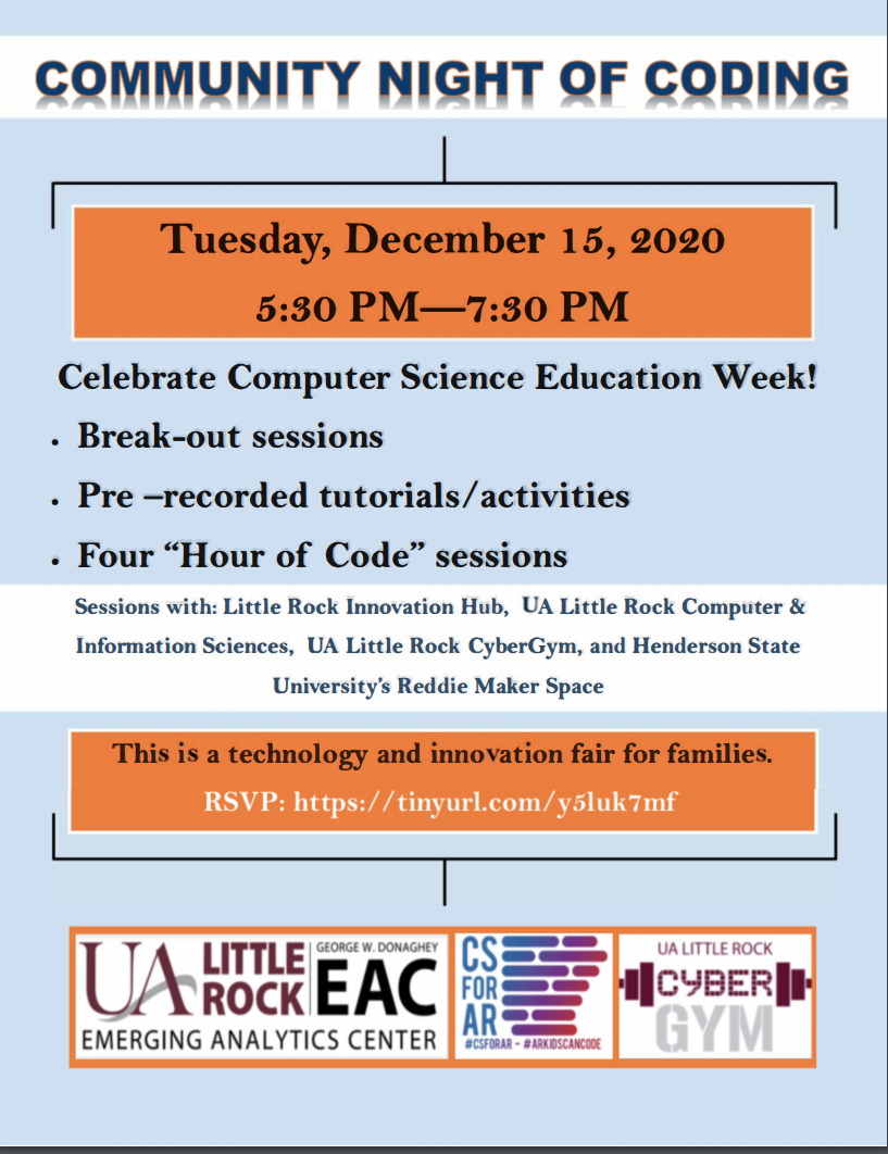 The University of Arkansas at Little Rock will host a virtual Community Night of Coding from 5:30-7:30 p.m. Tuesday, Dec. 15.