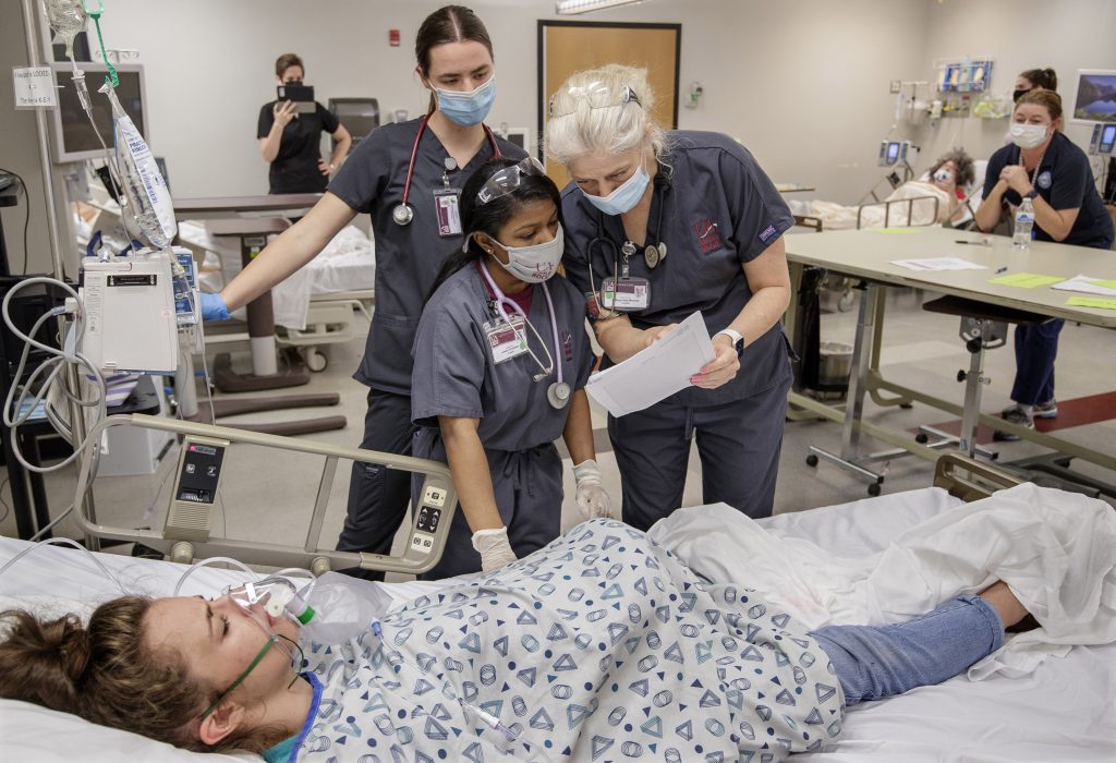 Senior nursing students in the UA Little Rock School of Nursing prepare for transition to practice by participating in an Emergency Room simulation in the Center for Simulation Innovation.