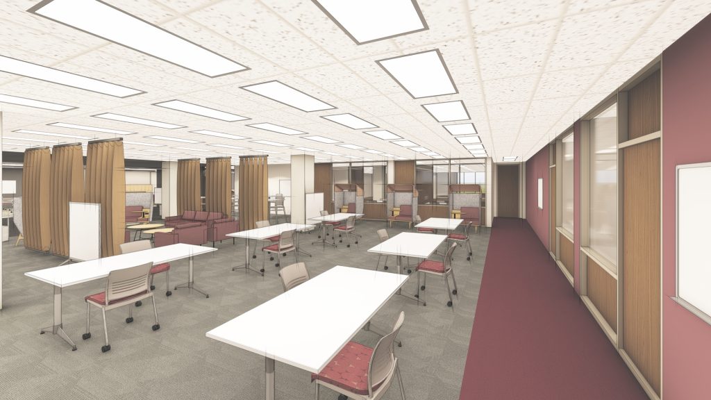 A rendering by WER Architects/Planners of the finished Learning Commons project in Ottenheimer Library. 