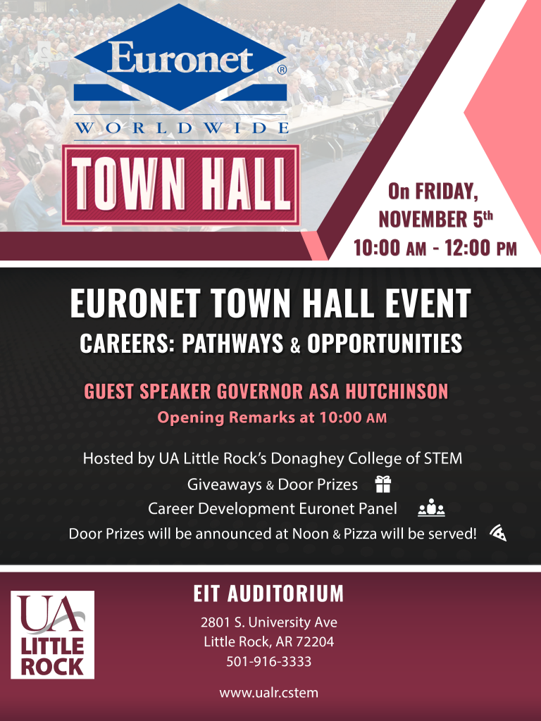 The University of Arkansas at Little Rock and Euronet Worldwide will host a Technology Careers Town Hall Meeting featuring Gov. Asa Hutchinson as the opening speaker on Friday, Nov. 5.