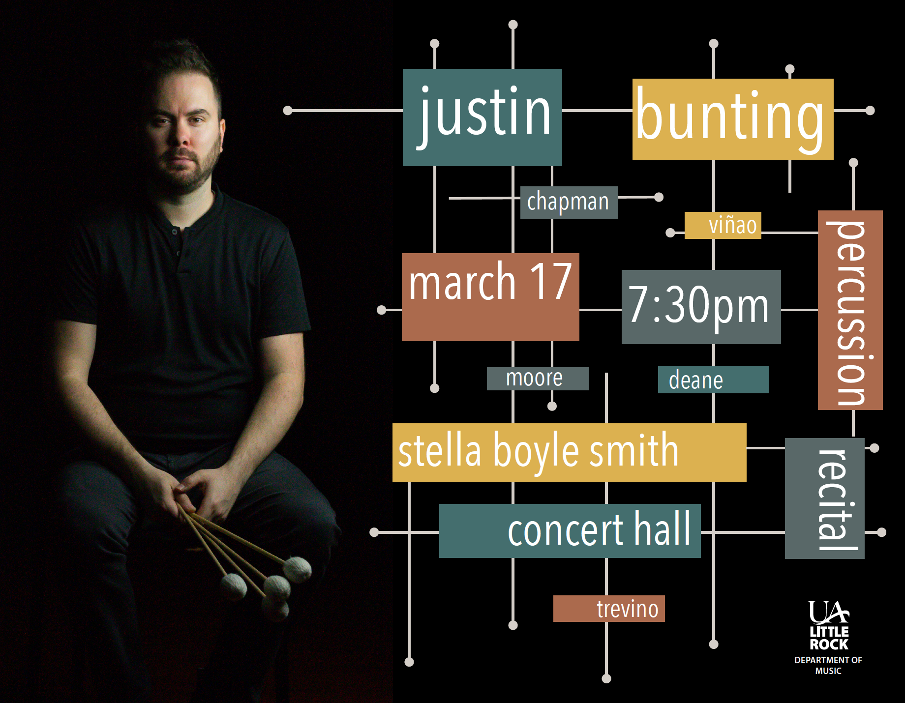 Dr. Justin Bunting, director of percussion studies, will present a diverse program of music in his first faculty percussion recital at UA Little Rock.