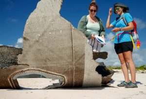 Geology and Ecology of The Bahamas class discover part of an airplane fuselage on East Beach during a scavenger hunt on San Salvador Island in the Bahamas. 
