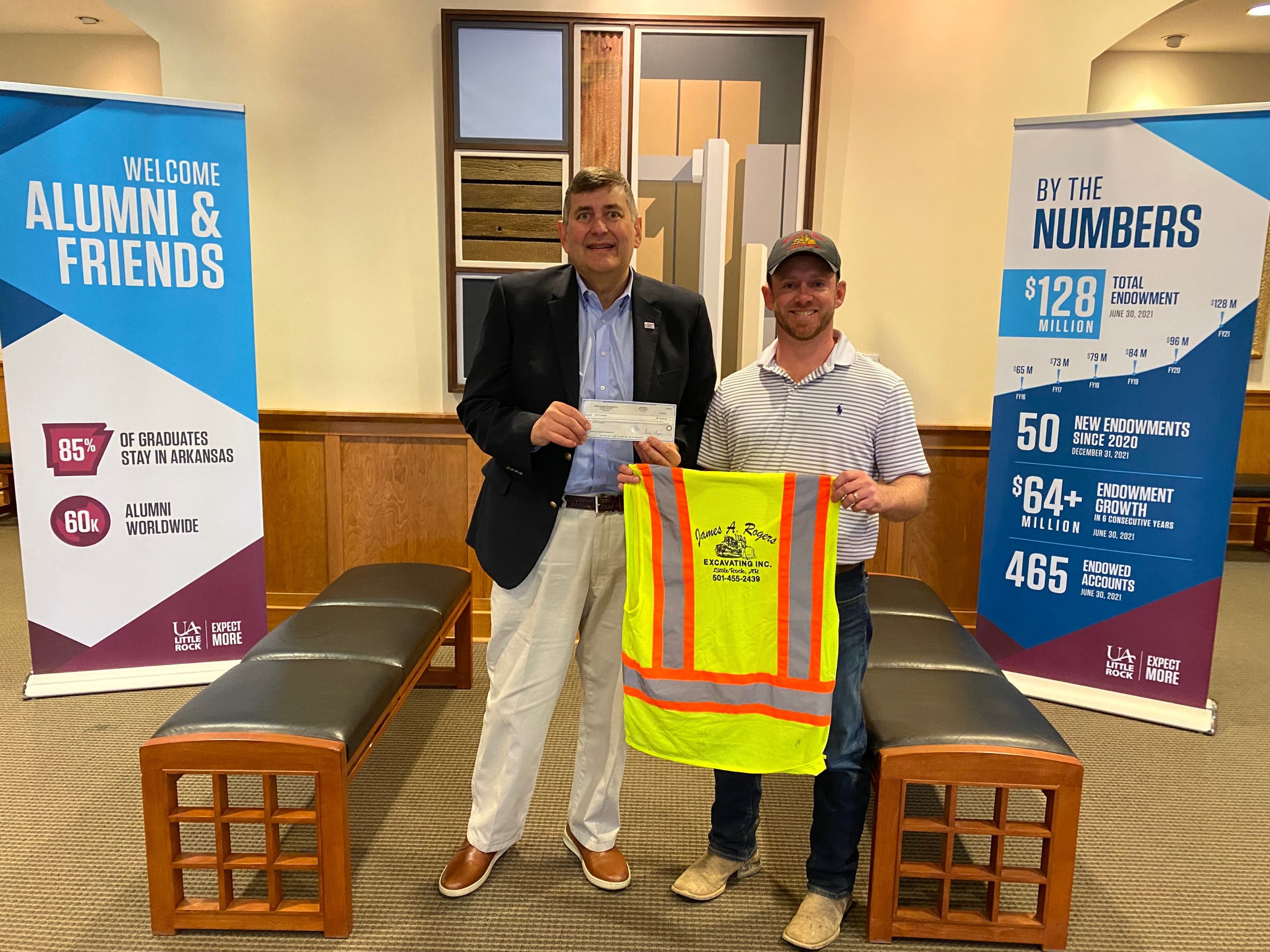 Lloyd Webre, director of development and external affairs at UA Little Rock, thanks Chris Meyer for his donation to sponsor a soils lab at UA Little Rock.